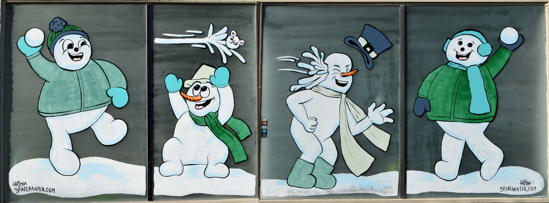 Winter Window Painting featuring Snowmen having a Snowball Fight, in Newton, Sussex County, NJ