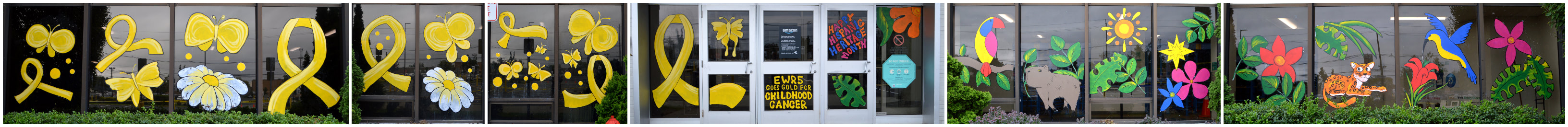 September Window Art at the Amazon EWR5 Warehouse in Avenel, Middlesex County, NJ, featuring Childhood Cancer Month and Celebrating Hispanic Heritage Month