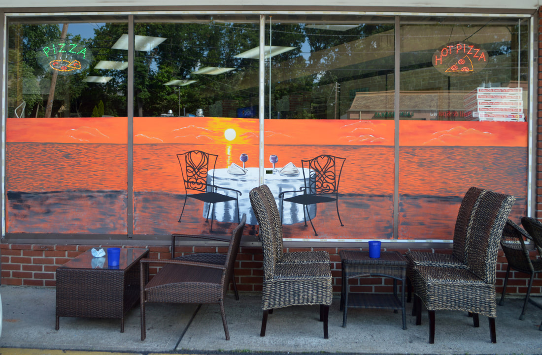 Beach Sunset Window Painting at Relax Pizza in Wayne, Passaic County, NJ