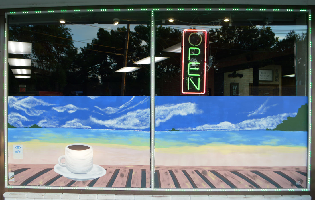 Beach and Coffee Window Painting at Relax Cafe & Lounge in Wayne, Passaic County, NJ