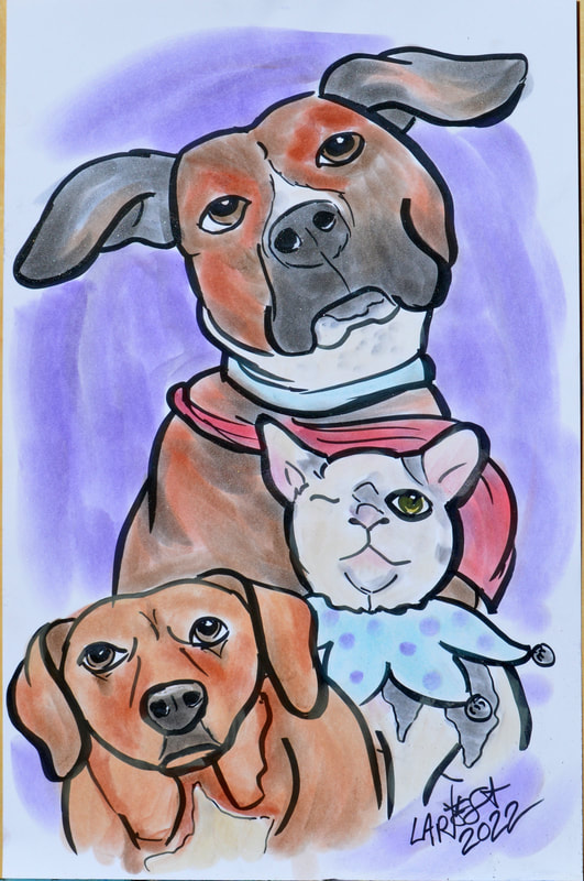 Pet Caricature of Boxer, Dachshund, and Cat