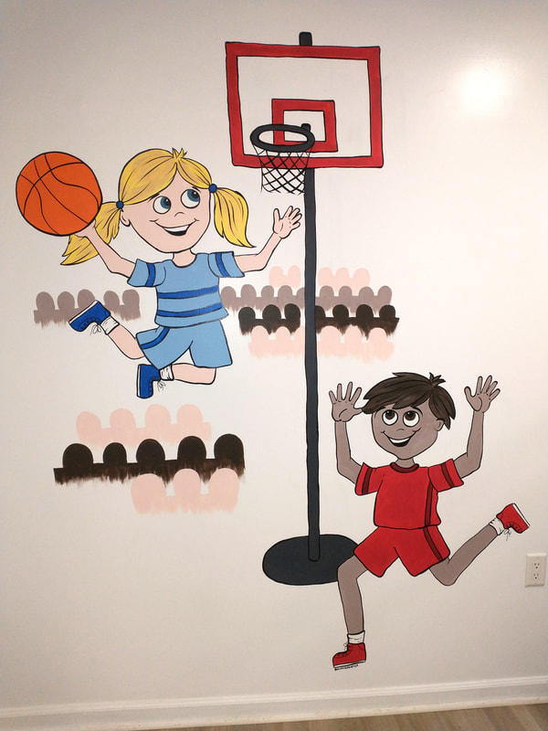 Wall Mural of Children Playing Basketball at Global Sports Academy in Cresskill, Bergen County, NJ