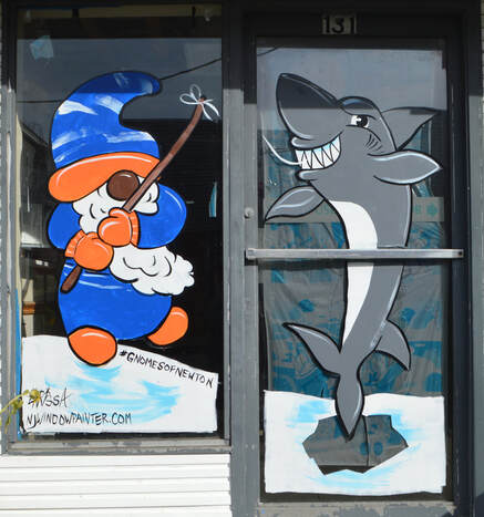 Winter Window Art of a Gnome Ice Fishing and Catching a Shark in Newton, Sussex County, NJ