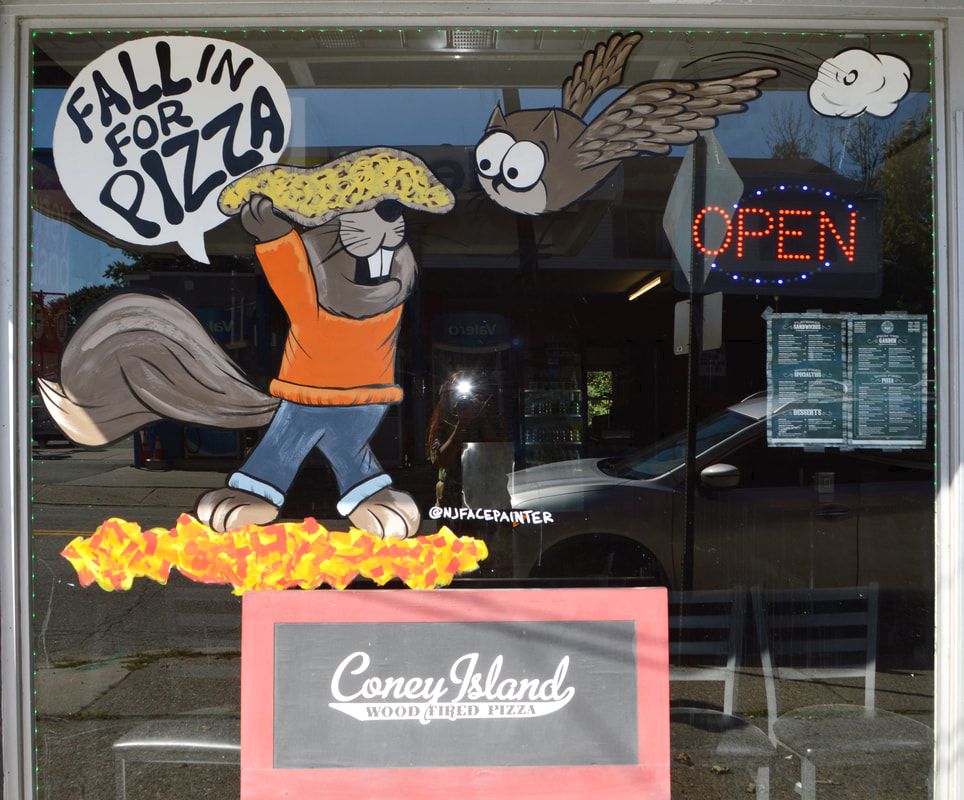 Fall Window Painting at Coney Island Pizza in Riverdale, Passaic County, NJ featuring a squirrel and owl