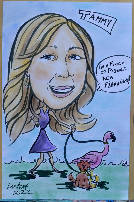 Caricature of a Woman who loves flamingos and her dog