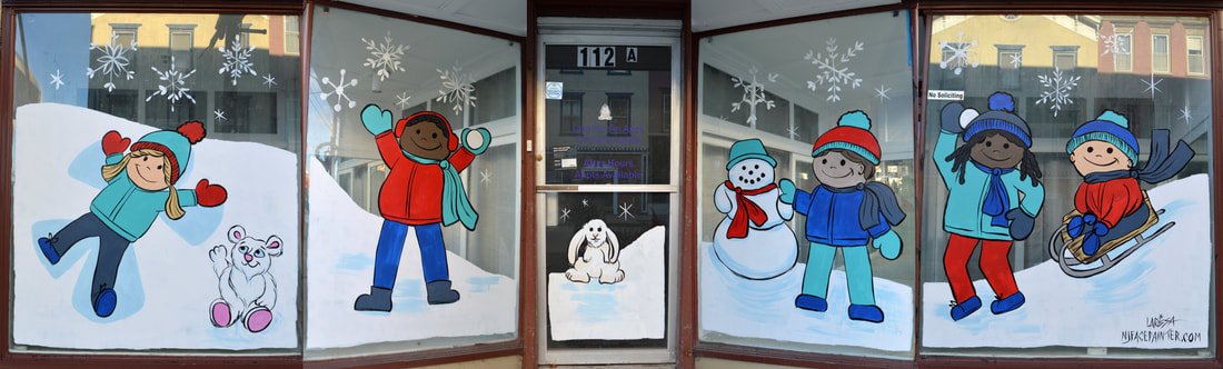 Winter Window Art Featuring Children Playing in the Snow, in Newton, Sussex County, NJ