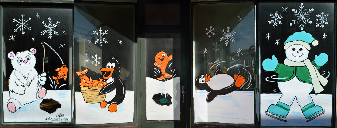 Winter Window Painting featuring a Polar Bear & Penguin Ice Fishing and a Penguin and Snowman Ice Skating, in Newton, Sussex County, NJ