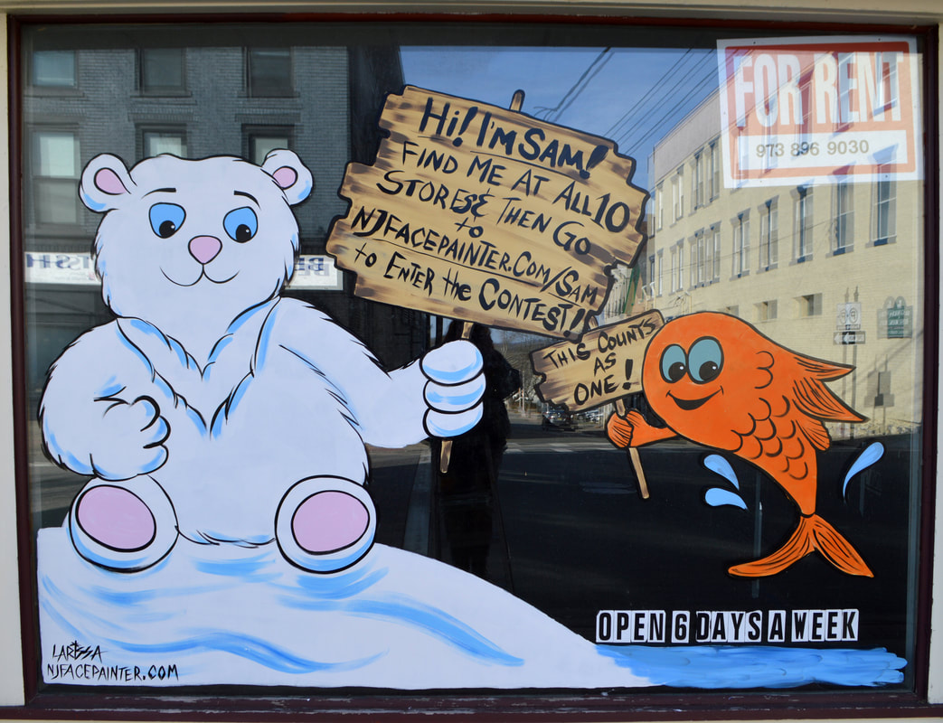 Winter Window Painting featuring a Polar Bear and Fish, and Announcing a Contest, in Newton, Sussex County, NJ