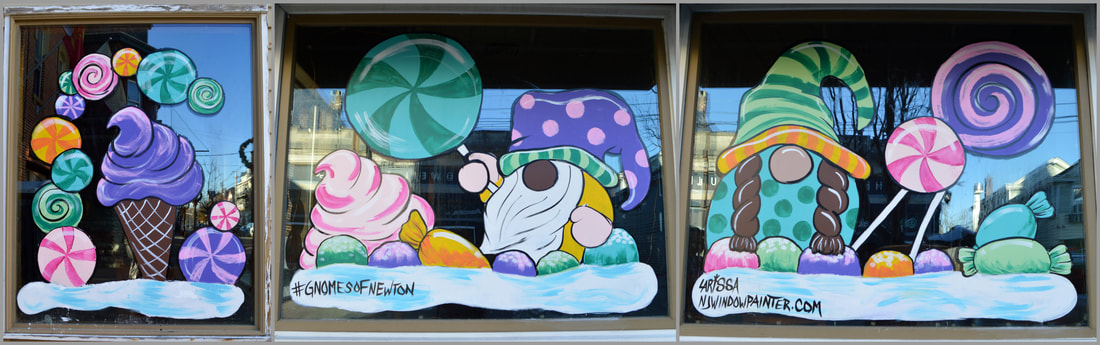 Winter Window Painting in Newton, Sussex County, NJ featuring Candyland Gnomes
