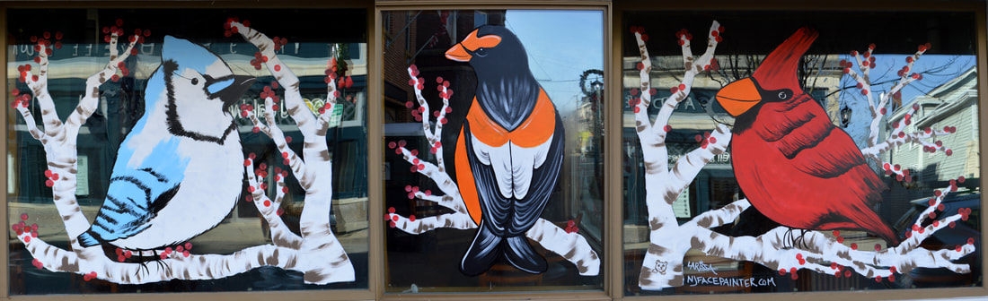 Winter Window Art Featuring a Blue jay, Oriole, and Cardinal, in Newton, Sussex County, NJ