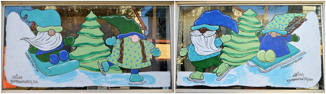  Winter Window Paintings in Newton, Sussex County, NJ featuring Gnomes Sledding and Ice Skating
