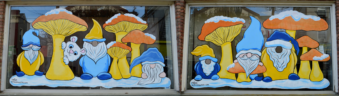 Winter Window Art Featuring Gnomes and Mushrooms, in Newton, Sussex County, NJ