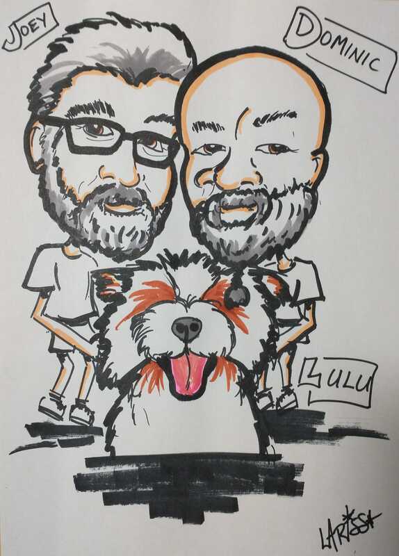 caricature of two men and their dog