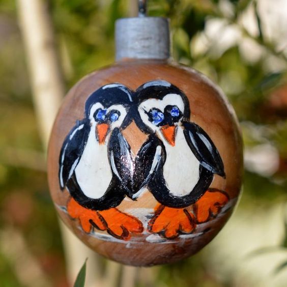 Peguins Hand Painted on Wooden Ornament