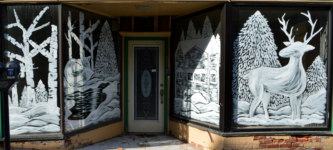 Winter Window Art Featuring an Owl, Fox, Deer, and Cabin, in Newton, Sussex County, NJ