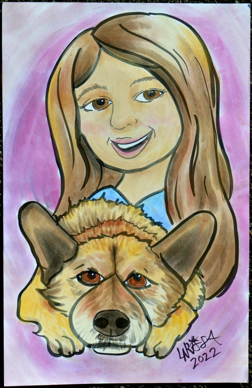 caricature of a young girl and her dog