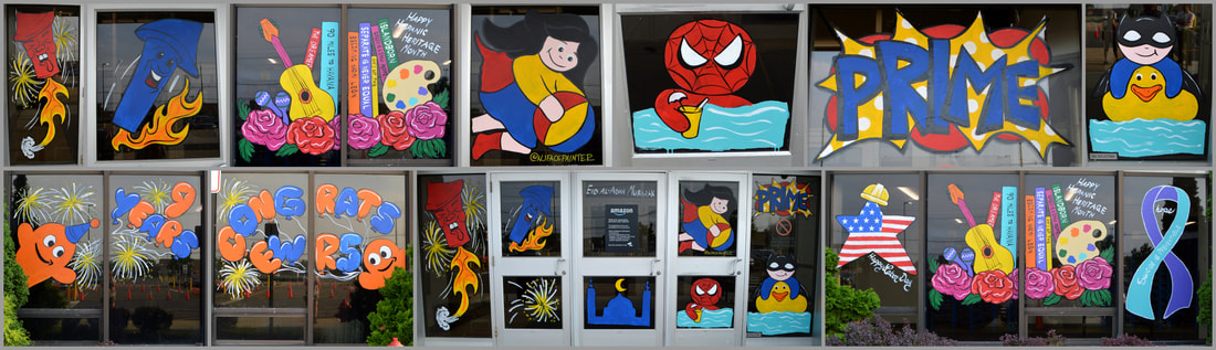 July, August, and September Windows at the Amazon EWR5 Warehouse in Avenel, Middlesex County, NJ Celebrating the 4th of July, Hispanic, Amazon's Superhero Pool Party Prime Week Theme,  Eid al-Adha, the Warehouse's 9 Year Anniversary, Labor Day, Hispanic Heritage Month, and Suicide Prevention Month
