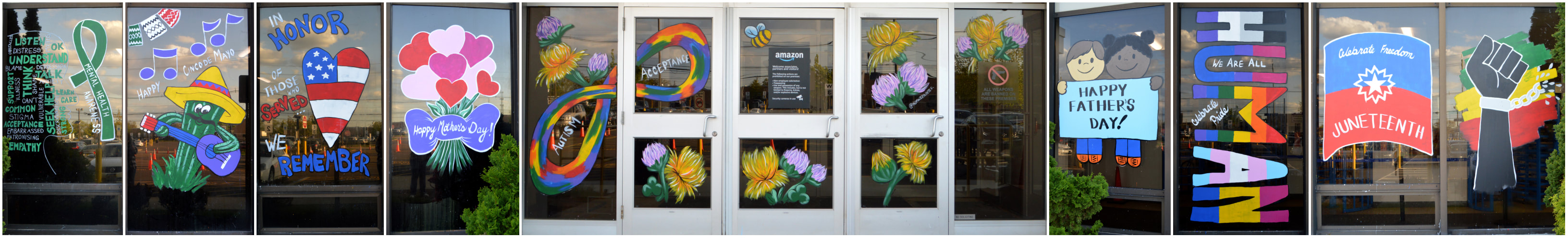 April, May, and June Window Paintings at the EWR5 Amazon Warehouse in Avenel, Middlesex County, NJ, featuring Mental Health Awareness, Cinco de Mayo, Memorial Day, Mother's Day, Autism Acceptance, Spring, Father's Day, Pride Month, and Juneteenth