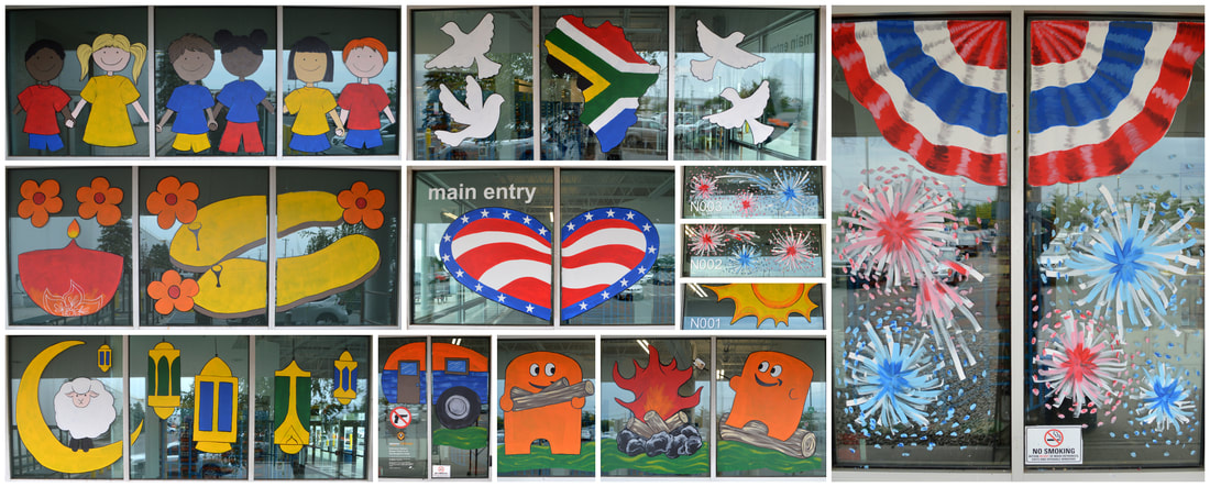 July Window Paintings at the CDW5 Amazon Warehouse in Carteret, Middlesex County, NJ, celebrating Friendship day, Nelson Mandela Day, Guru Purnima, Eid-al-Adha, the 4th of July, and Prime Week with an 