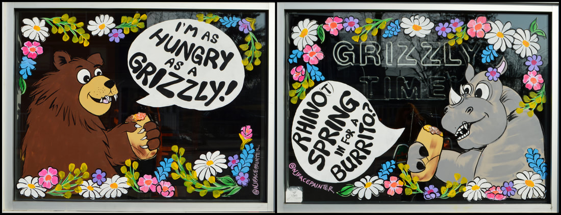 Spring Window Painting at American Burrito in Fort Montgomery, Orange County, NJ featuring a grizzly bear and a rhinocerous eating burritos