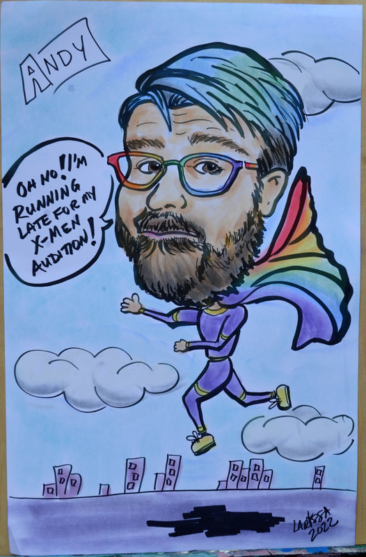 Caricature of a man with colorful hair and his rainbow glasses and cape