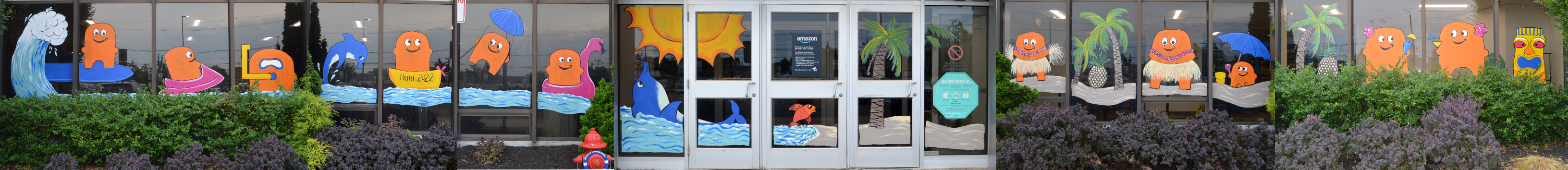 Prime Day Window Painting at the EWR5 Amazon Warehouse in Avenel, Middlesex County, NJ in a Beach and Luau Theme