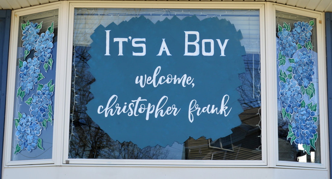 Residential Baby Announcement Window Painting with Hydgrangeas in Garnerville, Rockland County, NY
