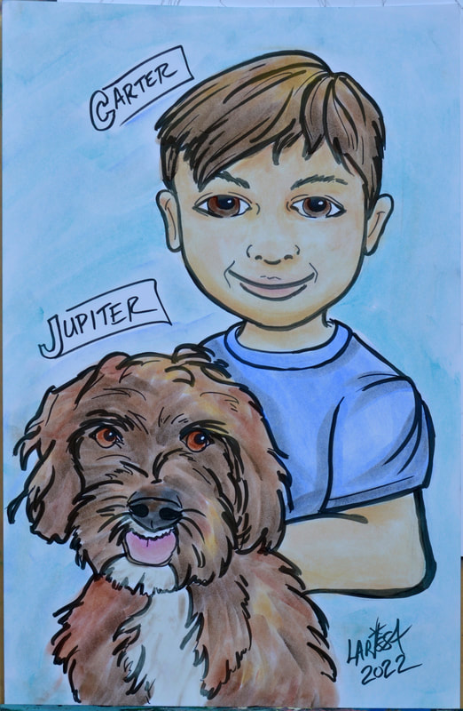 Caricature of a young boy and his dog