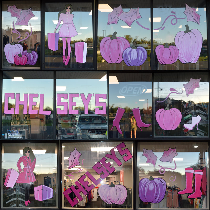 Pink-Themed Fall Window Painting at Chelsey's Women's Clothing Shop in Franklin, Sussex County, NJ