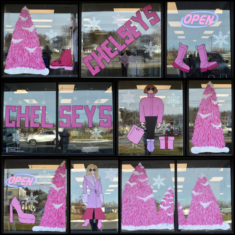 Pink Themed Winter Windows at Chelseys in Franklin, Sussex County, NJ