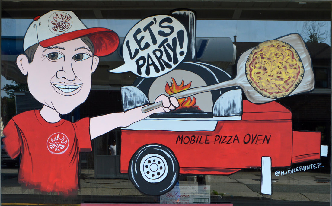 Window Painting at Coney Island Pizza in Riverdale, Passaic County, NJ, Featuring a Caricature of the Owner with One of His Mobil Pizza Ovens