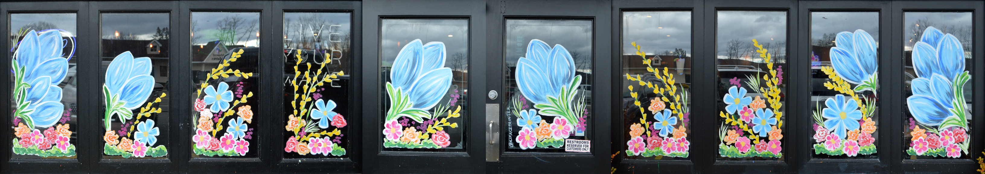 Spring Window Painting at The Copper Still in Pomona, Rockland County, NY featuring blue tulips and other flowers