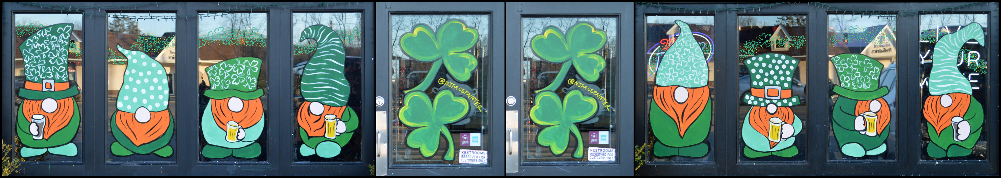 St. Patrick's Day Windows at The Copper Still in Pomona, Rockland County, NY featuring gnome style leprechauns
