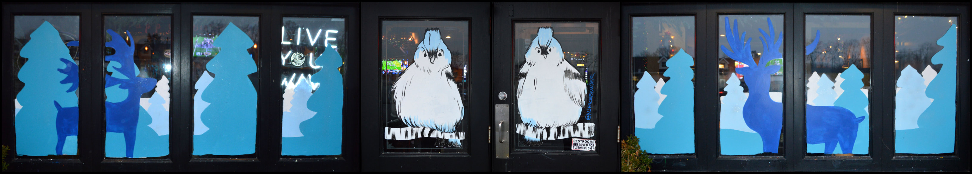 Winter WIndow Painting at The Copper Still in Pomona, Rockland County, NY, featuring deer and birds in a blue theme