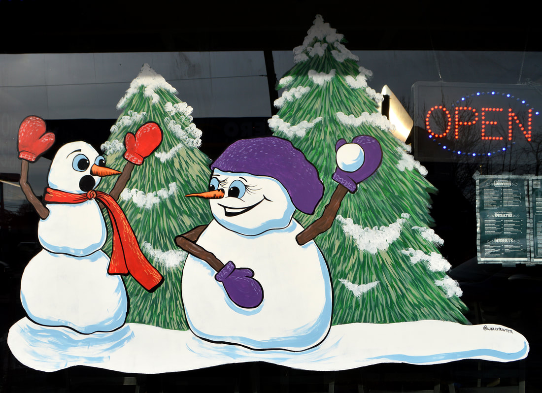 Winter Window Painting at Coney Island Pizza in Riverdale, Passaic County, NJ featuring snowmen having a snowball fight