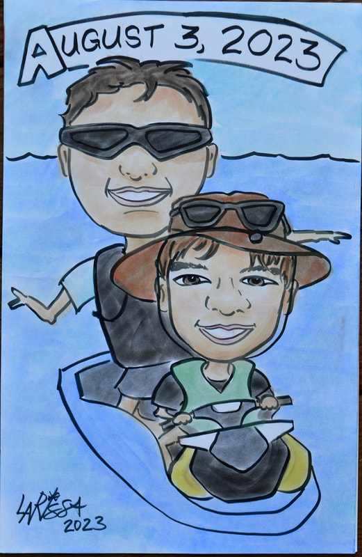 Color Caricature of Father & Son Jetskiing in Bermuda