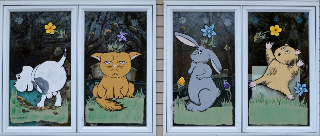 Spring Window Painting at Maywood Veterinary Clinic in Maywood, Bergen County, NJ, featuring a dog, cat, rabbit, and guinea pig