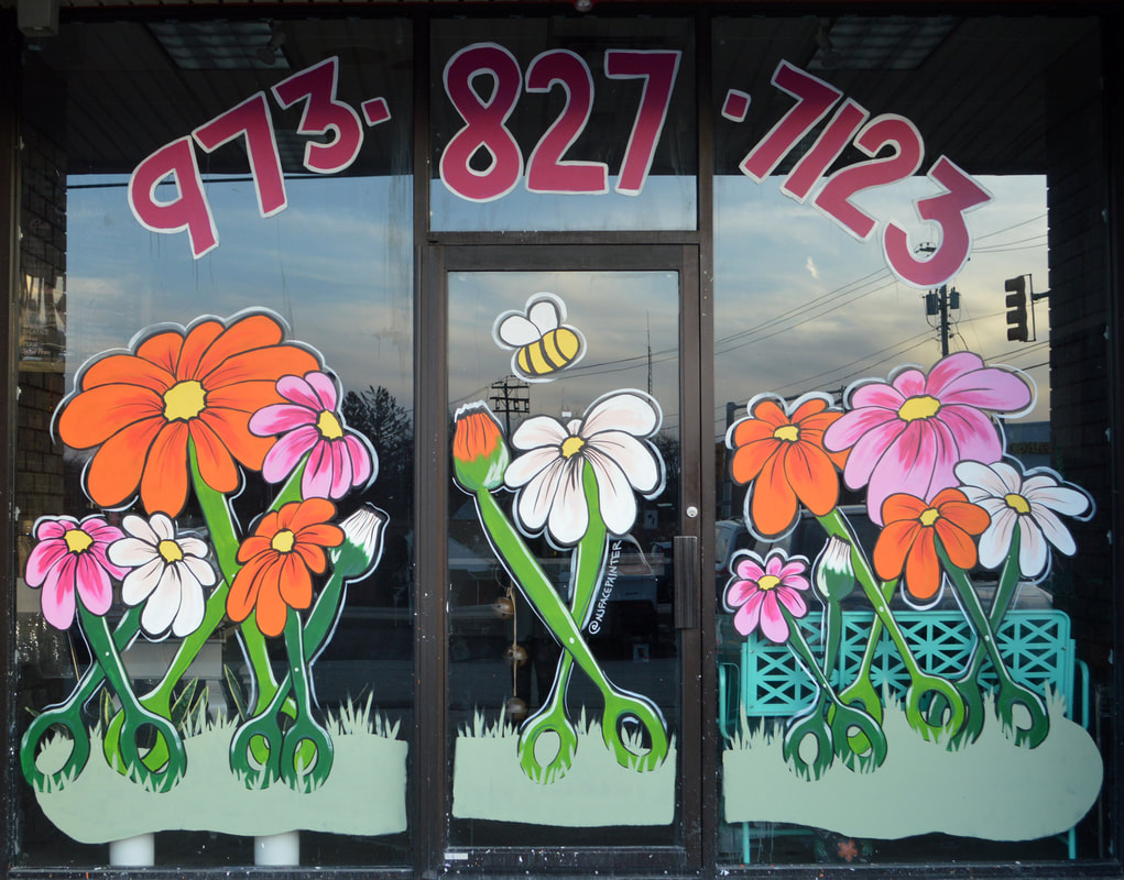 Spring Window Painting with Scissor Daisies at Headz Up Hair Salon in Hamburg, Sussex County, NJ