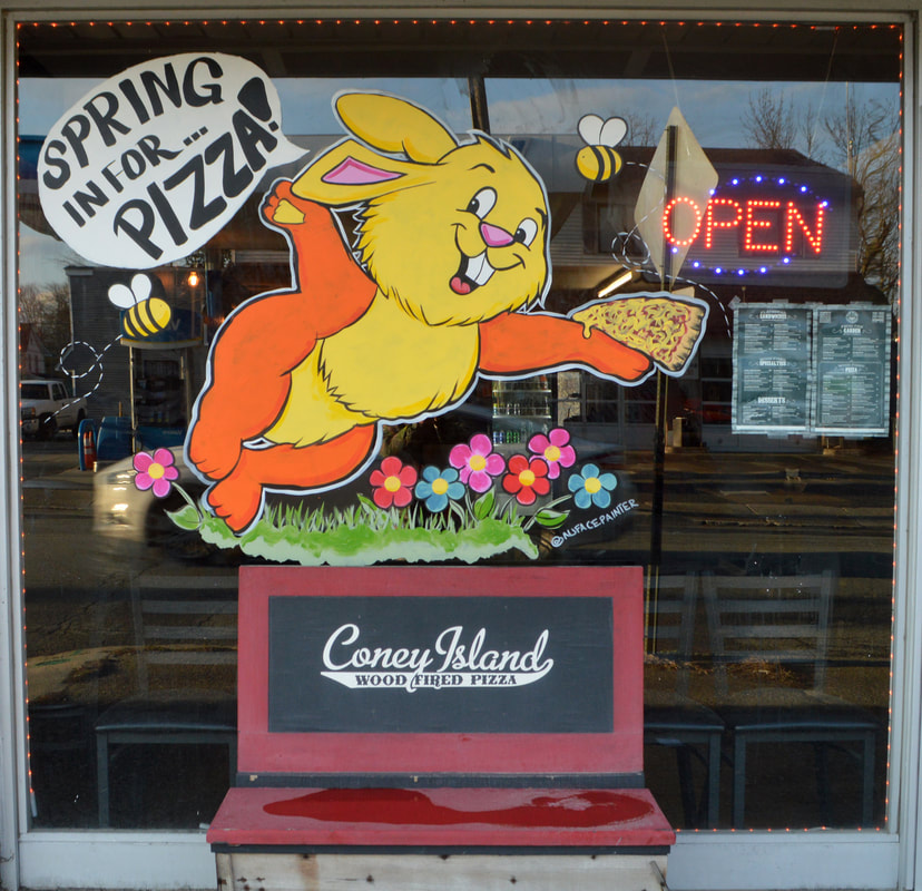 Spring in for Pizza Bunny Spring Window Painting at Coney Island Pizza in Riverdale, Passaic County, NJ
