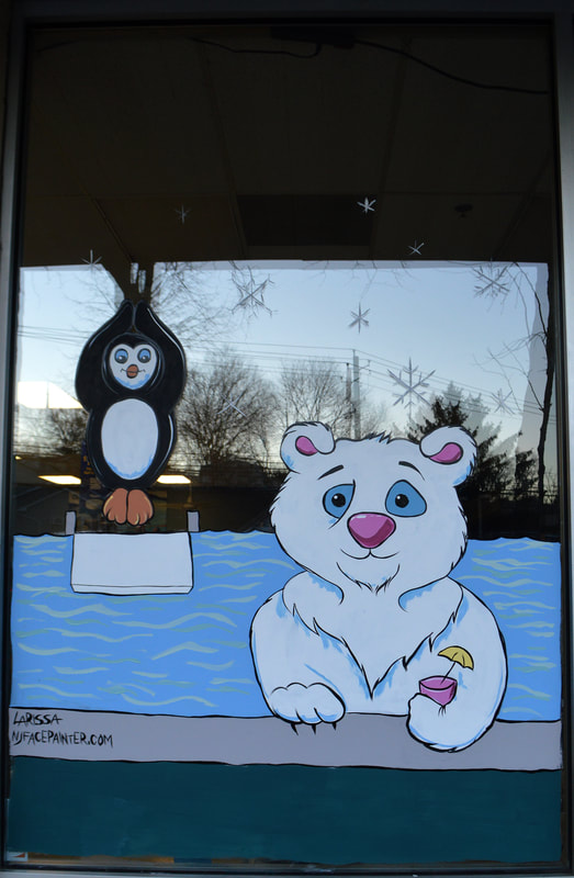 Diving Penguin & Relaxing Polar Bear Winter Window Painting at Flamingo Pools in Stony Point, Rockland County, NY
