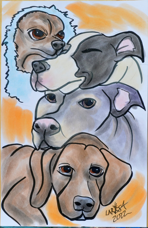 Pet caricature of four dogs, including a chihuahua, pitbull, and lab