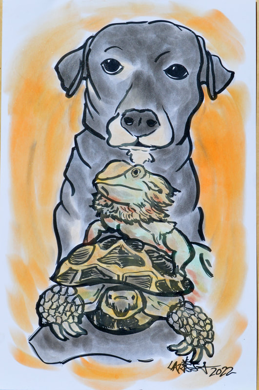 Pet Caricature of Black Lab, Bearded Dragon, and Turtle