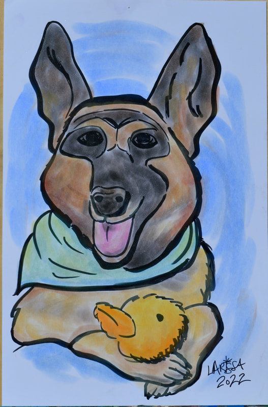 German Shepherd Pet Caricature with his stuffed duck toy