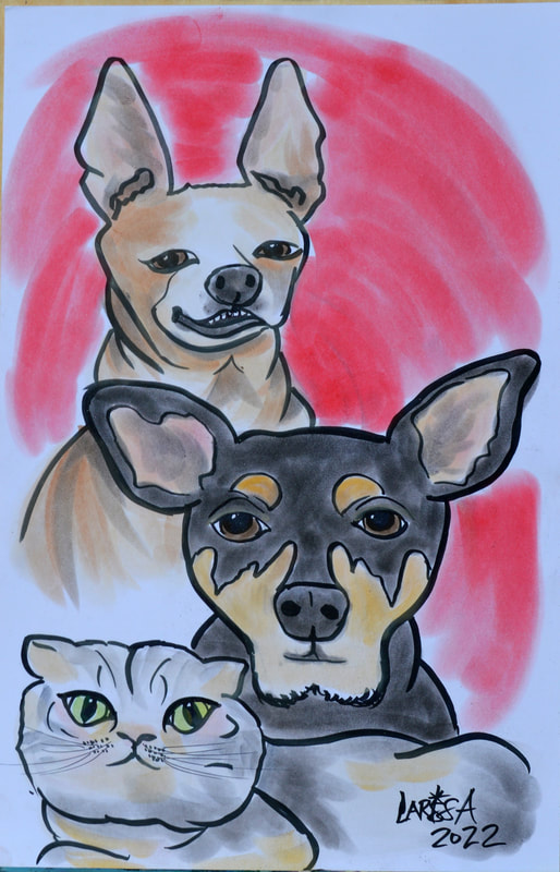 Pet Caricature with a chihuahua, another dog and a Cat