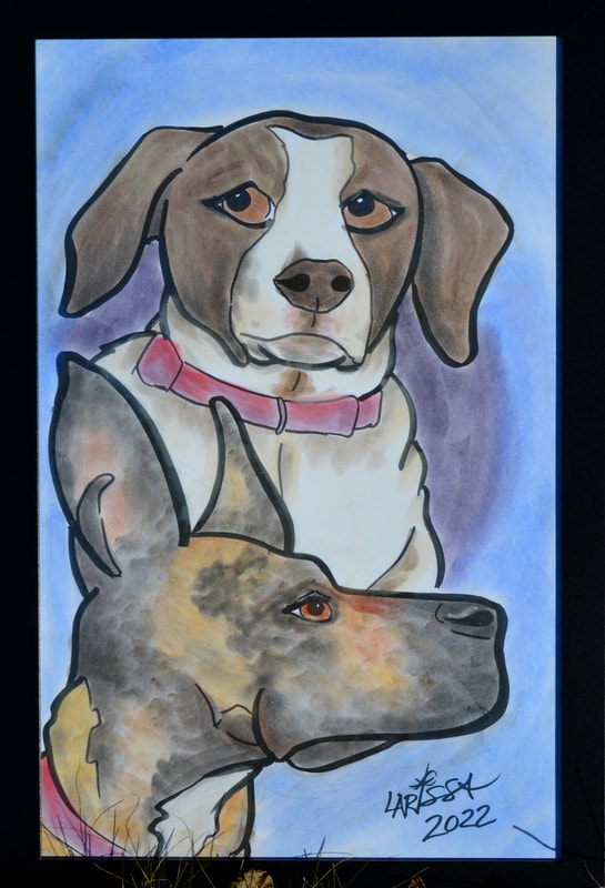Dublin the pointer lab mix and Moxie the rescue mutt caricature