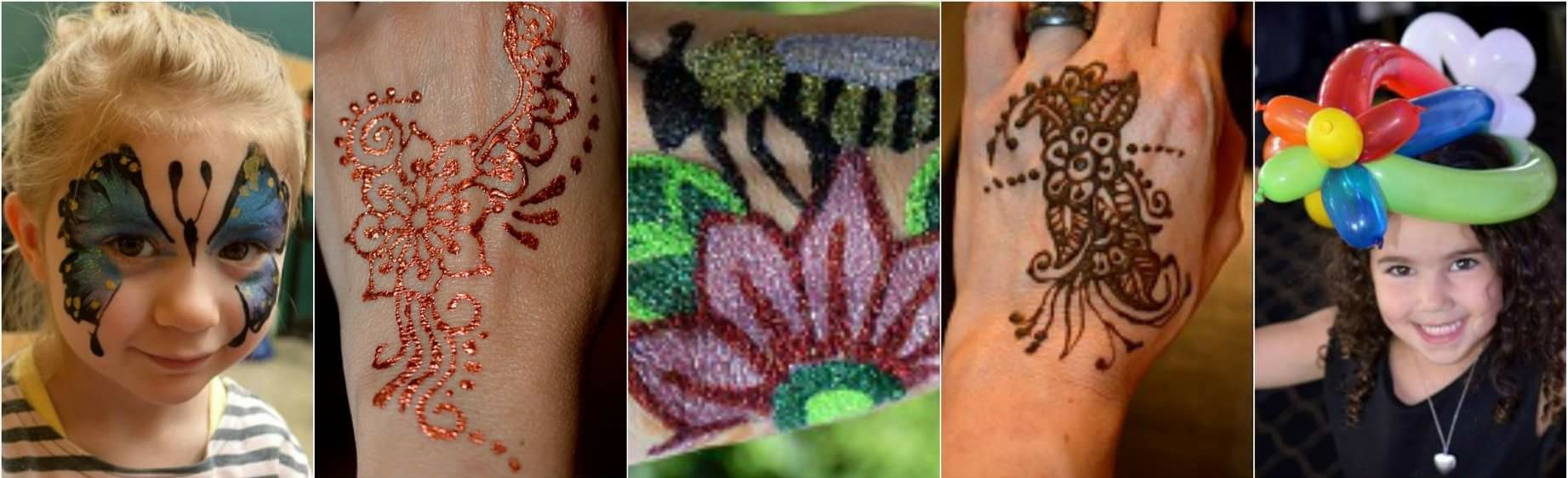 Face Painting, Henna Lace, Glitter Temporary Tattoo, Henna, Balloon Hat