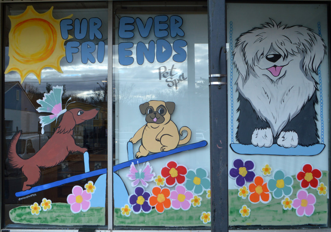 Spring Window Painting at FurEver Friends Pet Spa in Bardonia, Rockland County, NY featuring a long haired dachsund, pug, and old English sheepdog