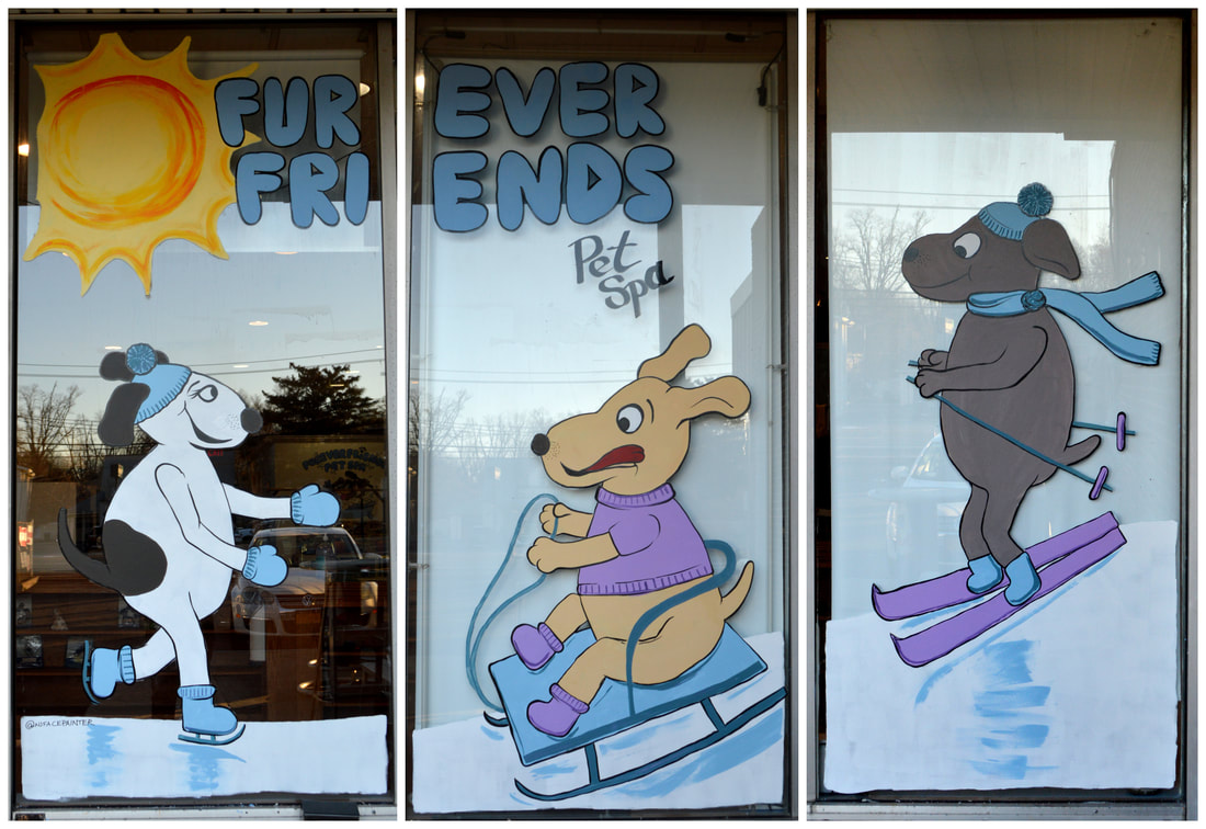 Winter Window Painting at FurEver Friends Pet Spa in Bardonia, Rockland County, NY featuring dogs ice skating, sledding, and skiing