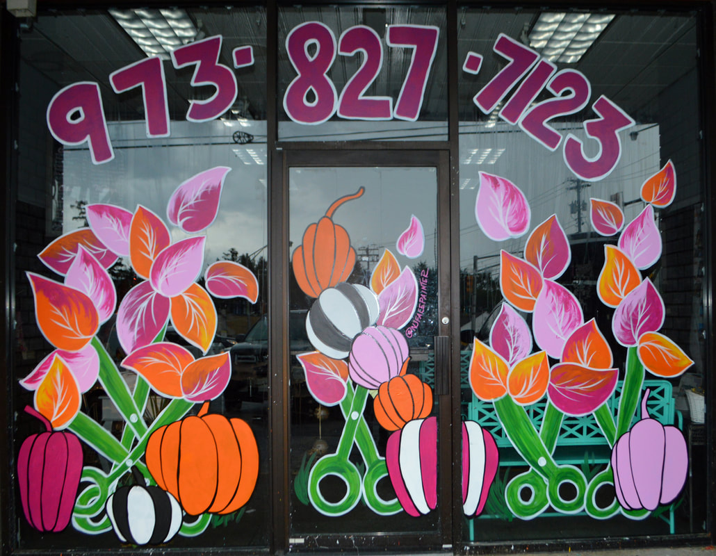 Fall Window Painting with a Pink Barbie Twist at Headz Up Hair Salon in Hamburg, Sussex County, NJ