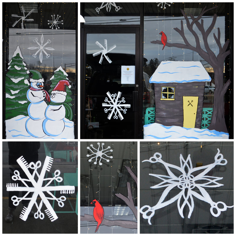 Winter Window Art with Scissor, Comb, & Hairpin Snowflakes at Headz Up Hair Salon in Hamburg, Sussex County, NJ